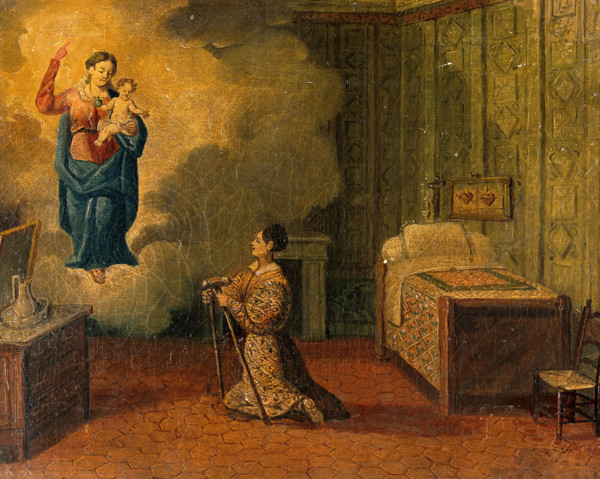Votive picture: a woman kneeling with crutches, praying to the Virgin and Child. Creator: Unknown.