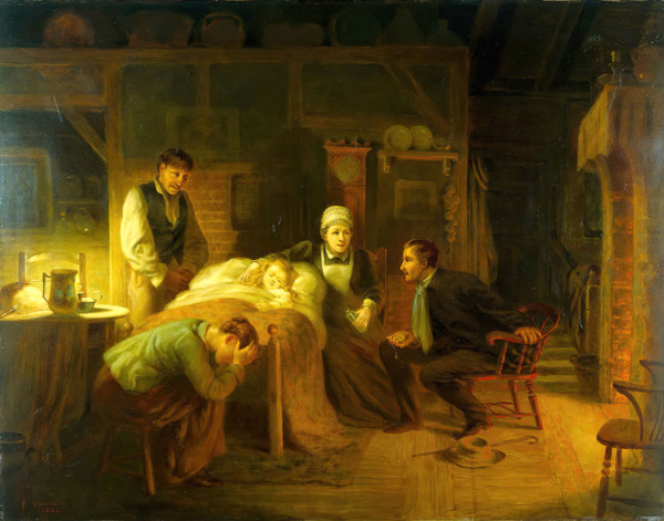Anxious moments: a sick child, its grieving parents, a nursemaid and a medical practitioner, 1894. Creator: John Whitehead Walton.