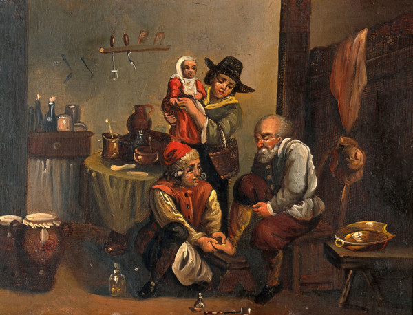 Interior of a surgery with a surgeon attending to a man's foot, and a woman..., c1680s. Creators: Unknown, Follower of David Teniers II.