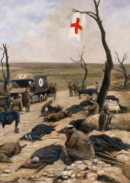 World War I: an advanced dressing-station by the roadside. Creator: Francis Barraud.