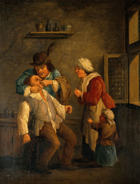 A tooth-drawer operating on a man, with a woman and child looking on. Creator: Both, Andries Dirksz, approximately 1608-1641? (After).