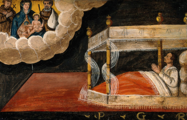 A man in bed praying to the Virgin and Child and two Franciscan saints. Creator: Unknown.