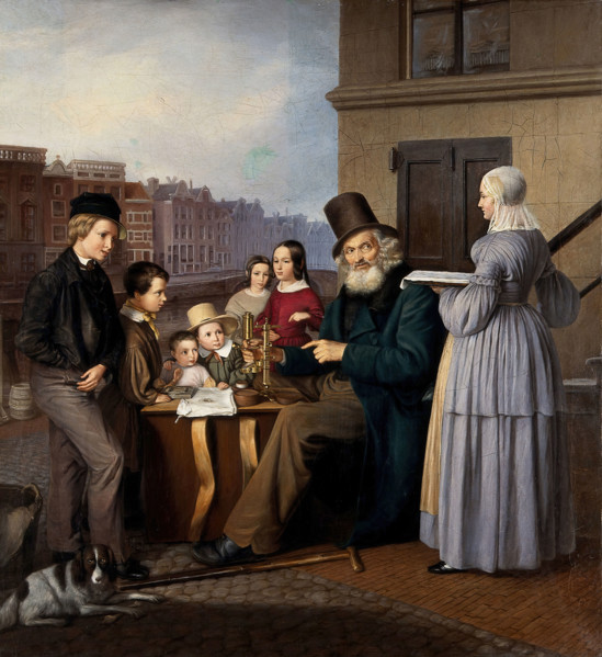 A travelling showman in the Netherlands showing animalcules to children, c1840. Creator: Unknown.