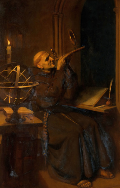 Roger Bacon in his observatory at Merton College, Oxford, c1260s, c1912 Creator: Ernest Board.