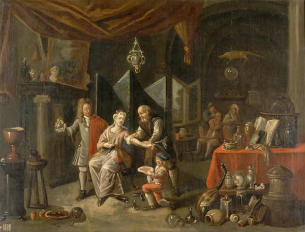 A surgeon letting blood from a woman's arm, and a physician examining a urine-flask, c1700s.. Creator: Balthasar van den Bossche.