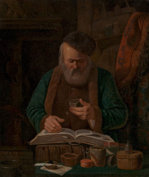 An alchemist or chemist examining a liquid, 1841. Creator: Charles-Emile Francois.