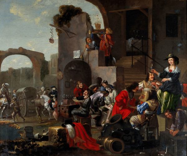 A barber and a surgeon attending to soldiers, c1680s. Creator: Unknown.