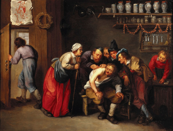 A surgeon removing a plaster from a man's back, with five people looking on, 1647/1667. Creator: Adriaen Rombouts.