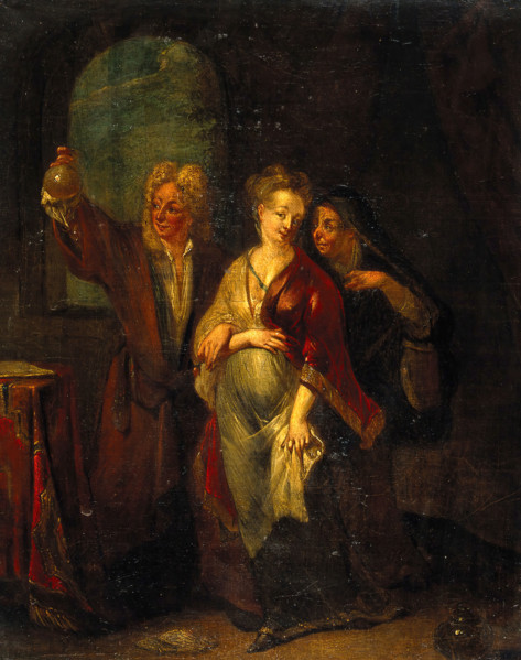 A physician examining the urine of a pregnant girl, 18th century. Creator: Unknown.