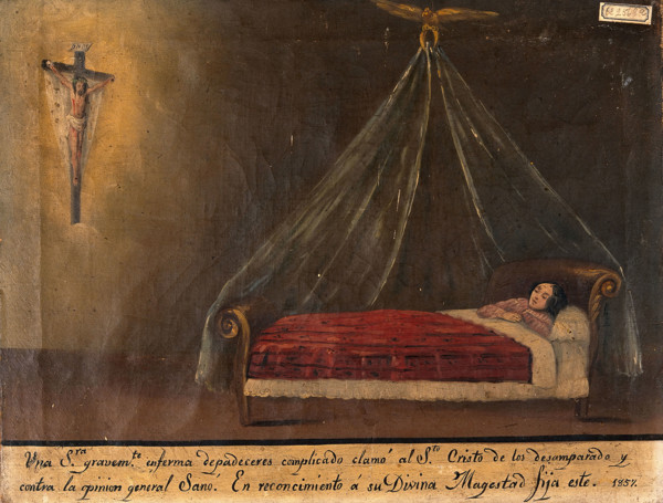 A sick woman praying to Christ on the cross, 1857. Creator: Unknown.