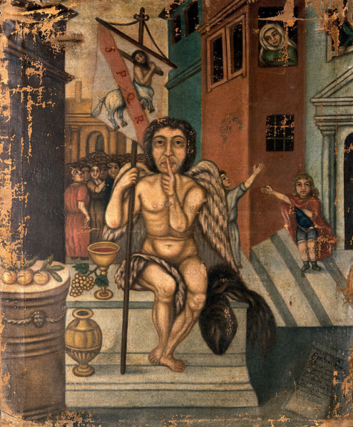 The child Papirius saluting Harpocrates as god of silence, c17th century. Creator: Unknown.