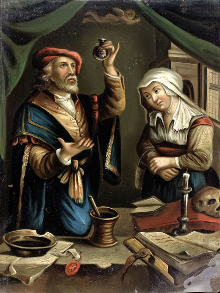 A physician examining a flask of urine brought by a young woman, c1670s. Creator: Unknown.
