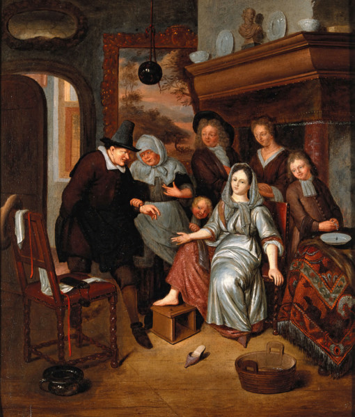 A surgeon preparing to let blood from the foot of a girl, in the presence of..., c1680s. Creator: Richard Brakenburgh.