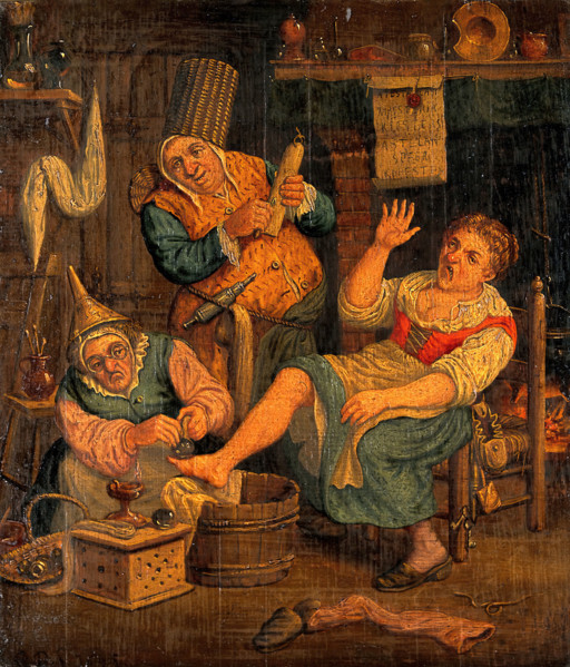 A woman surgeon and her assistant cupping a patient, c1690s. Creator: Unknown.