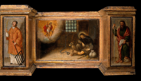 Predella with three scenes of Saint Roch, and figures of Saint Peter, Christ as..., c1580?- 1620?. Creator: Unknown.
