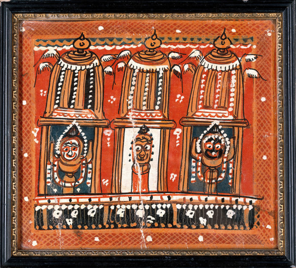 Balarama, Subhadra and Jagannath in three shrines surmounted by winged domes, c1880/1910. Creator: Unknown.