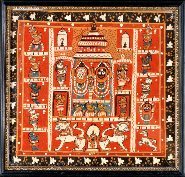 Balarama, Subhadra and Jagannath in the temple at Puri, with other figures in a..., c1880/1910. Creator: Unknown.