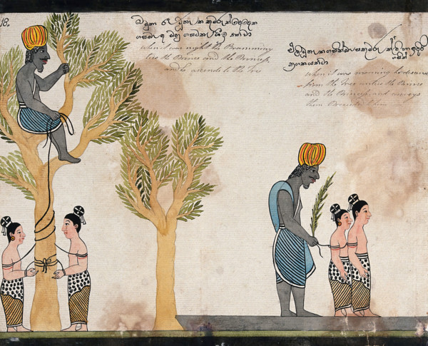 The brahmin, sitting in a tree, keeps the children of Vessantara tied up all night, and in..., 1815. Creator: Unknown.