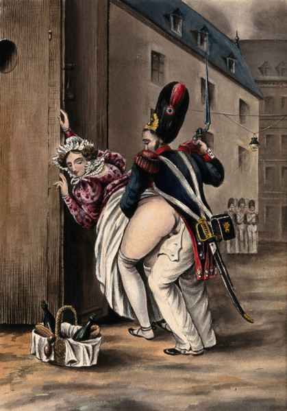 A grenadier and a woman having sexual intercourse outside a sentry box, she has laid her basket... Creator: Unknown.
