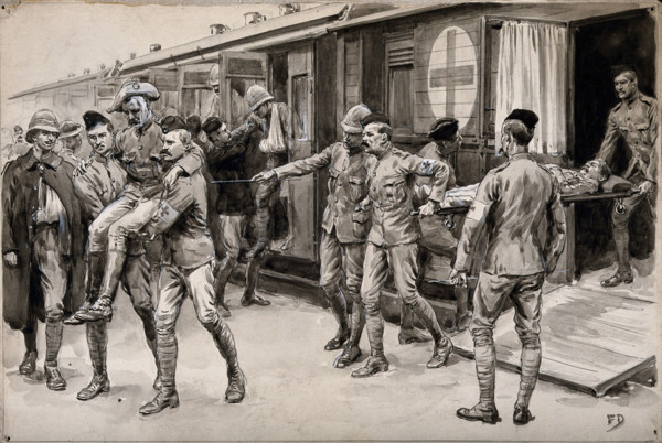 Boer War: wounded soldiers being escorted off the hospital train at Durban from Ladysmith, 1899. Creator: Frank Dadd.