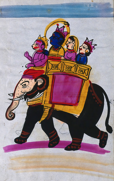 Hanuman leading an elephant carrying Rama, Sita and Laksmana. Creator: Unknown.