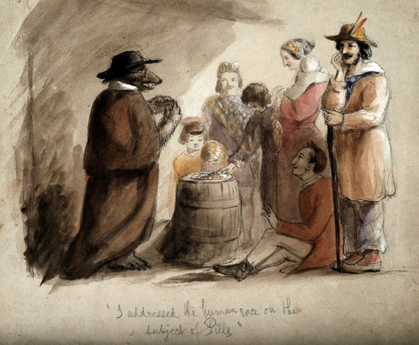 A bear wearing a hat and a cloak, selling pills to a group of country folk in Leipzig. Creator: John Frederick Tayler.