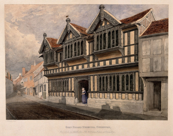 Ford's Hospital (Greyfriars' Hospital), Coventry: a woman standing at the entrance, c1840s.. Creator: Edward Pretty.