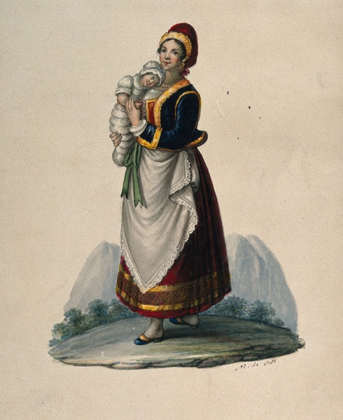 A wet-nurse dressed in Neapolitan costume holding a baby. Creator: M de Sate.