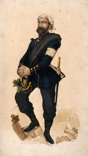 A soldier with wounded head who has inserted medicinal plants in his helmet. Creator: Unknown.
