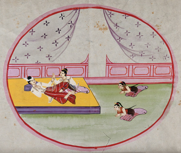 Burma: two figures reclining on a bed in a palace, while two servants pay homage, between 1800 & 189 Creator: Unknown.