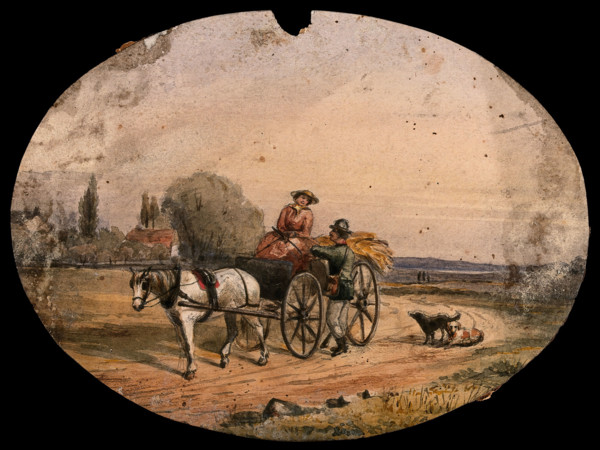 A woman driving a horse-drawn cart loaded with hay has stopped on the road to speak to a man... Creator: Unknown.