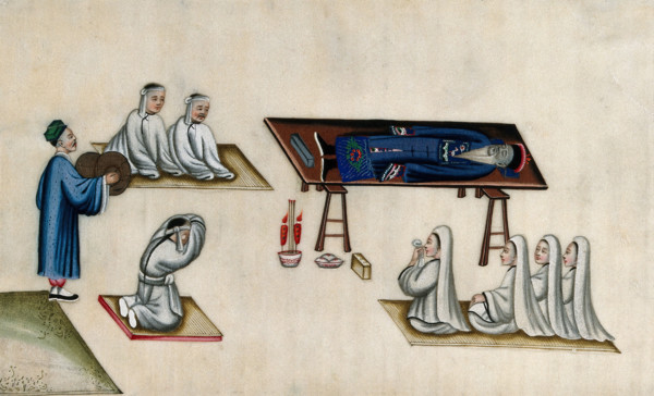 Chinese funeral customs: the body of an elderly man lies on a bier, attended by men and..., 1800. Creator: Unknown.