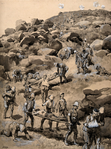 Boer War: removing the wounded after the Battle of Spion Kop, 1900. Creator: Henry Marriott Paget.