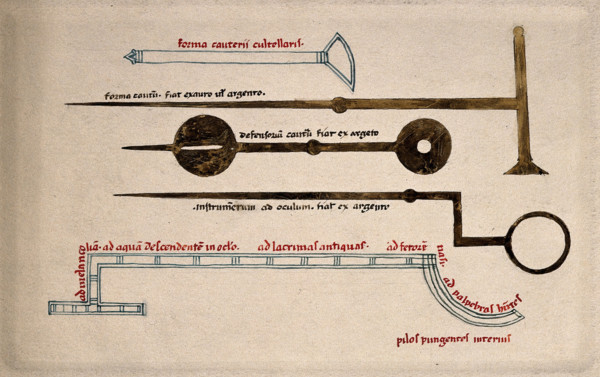 Surgical instruments, including cauterising needles. Creator: Unknown.