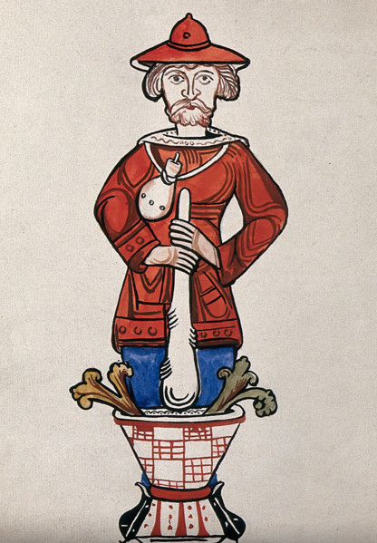 A man pounding a mixture with a pestle and mortar - an emblem from a drug jar. Creator: Unknown.