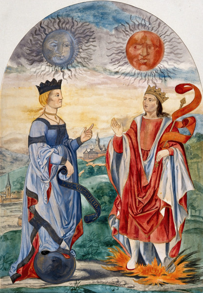 A moon above a queen dressed in blue, and a sun above a king dressed in red..., 1900-1909. Creator: Edith Annie Ibbs.