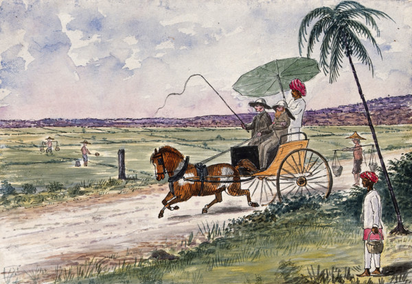 Malaya: a pony and trap being driven down a country road, 1879. Creator: John Edmund Taylor.