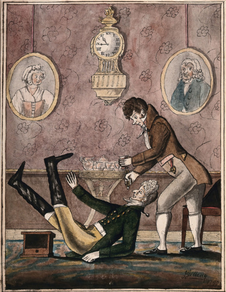 A wealthy patient falls over having a tooth extracted with vigour by a fashionable dentist, 1790. Creator: Unknown.