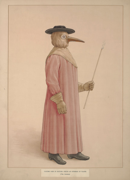 A physician wearing a seventeenth century plague preventive costume, (1910?). Creator: Unknown.