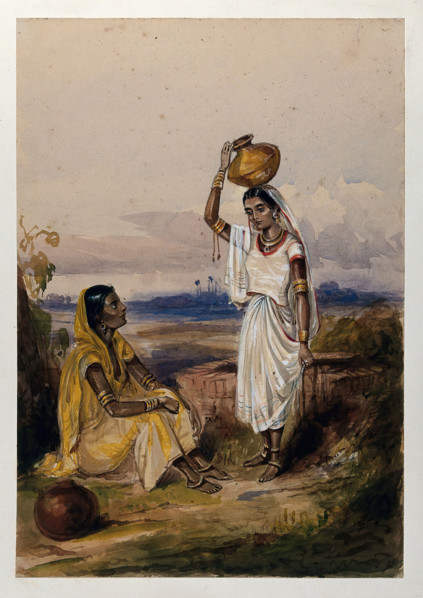 Two women with water vessels at a well, Afghanistan. Creator: Unknown.