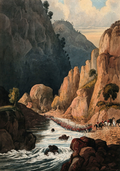 Cavalry marching through a mountain river, Afghanistan. Creator: Unknown.