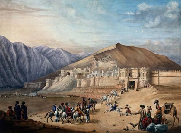 Horsemen assembled outside the city walls at Kabul, Afghanistan. Creator: Unknown.