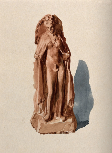 A clay figure of an intersex person revealing their genital area (Hermaphroditos anasyromenos). Creator: Unknown.