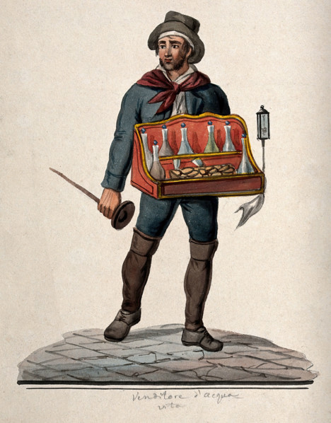 A street vendor of brandy is carrying a tray with bottles and glasses in it, 1800-1899. Creator: Unknown.