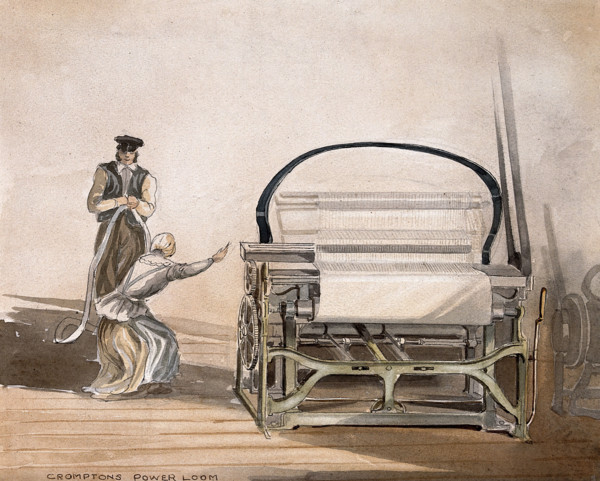 Textiles: Crompton's belt-driven power loom, with a man standing by and a woman working. Creator: Unknown.