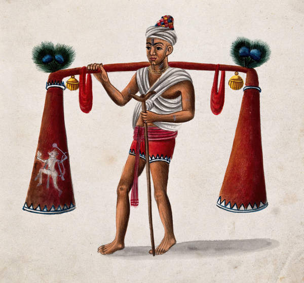 India: a man with a crutch carrying tubes decorated with bells and..., (between 1800 and 1899?). Creator: Unknown.