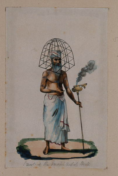 A priest with a protective cage (?) covering his head, holding a stick..., (between 1800 and 1899?). Creator: Unknown.