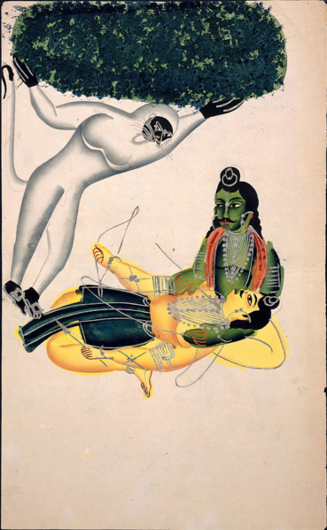 Hanuman, the monkey god, brings a Himalayan mountain with the herb... between 1800 and 1899. Creator: Unknown.