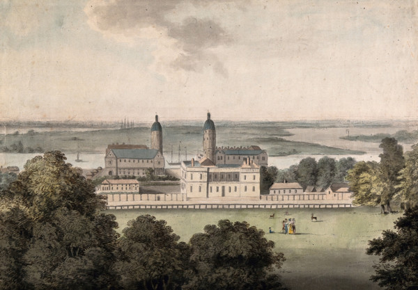 The Royal Naval Hospital and the Queen's House, Greenwich, the Isle of Dogs beyond, c1800s.. Creator: George Samuel.