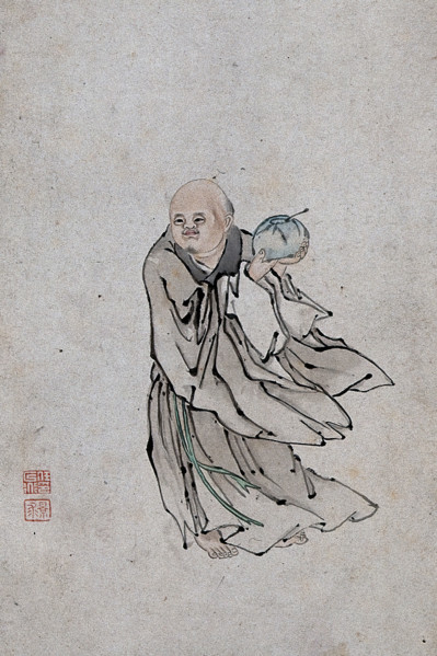 A Chinese man holding a bowl containing a spoon, (between 1800 and 1899?). Creator: Unknown.